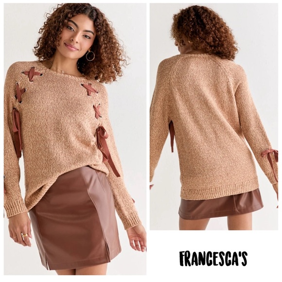 New Francesca’s Galilea Lace Up Pullover Tan Sweater with Ribbon Details - Picture 1 of 5